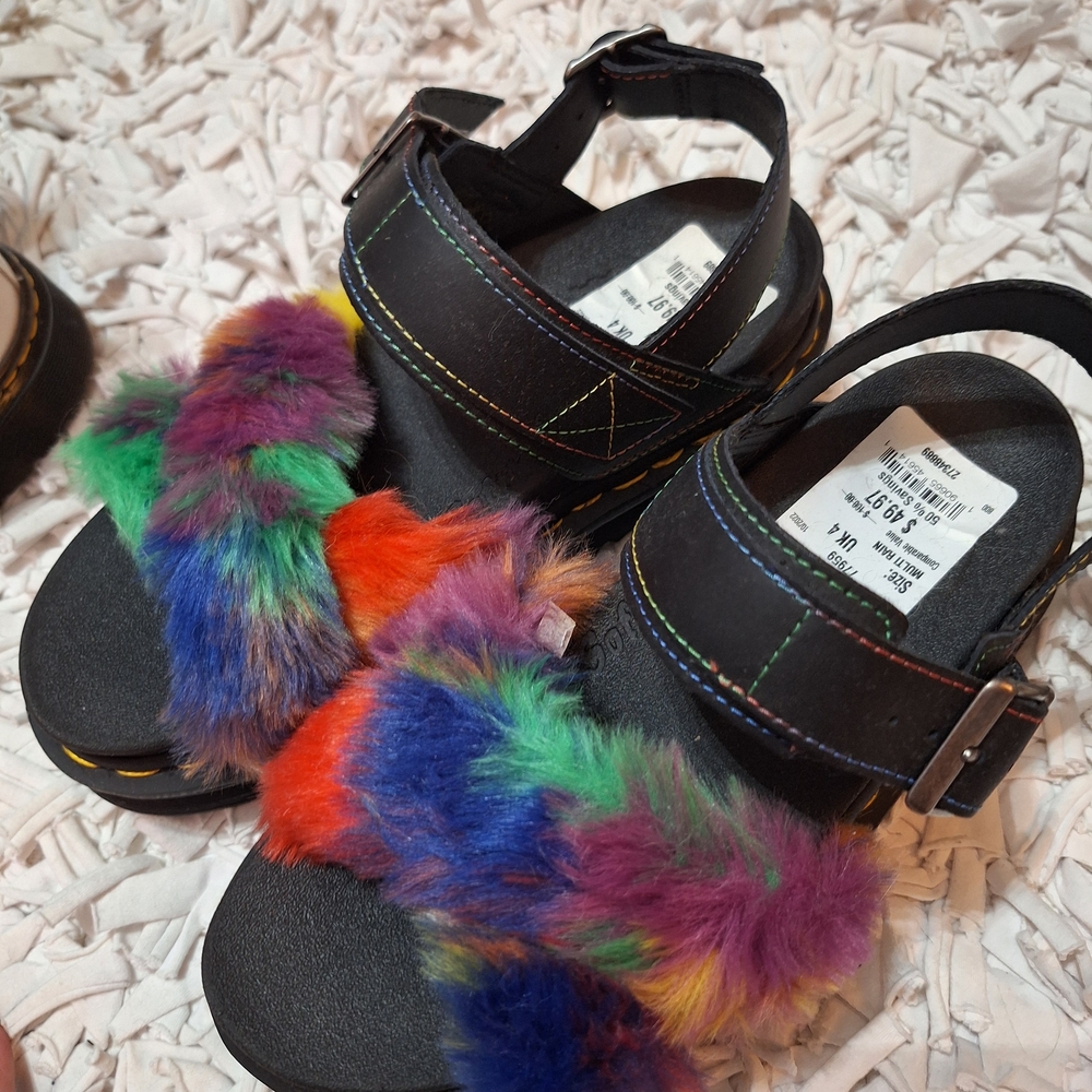 Dr. Martens Black Sandals with Multicolor Fur